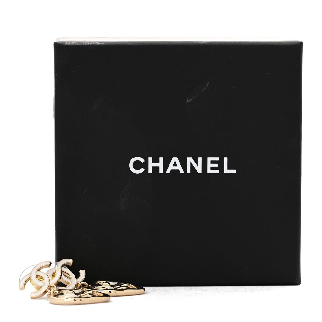 Metal Enamel CC Heart Drop Earrings Gold