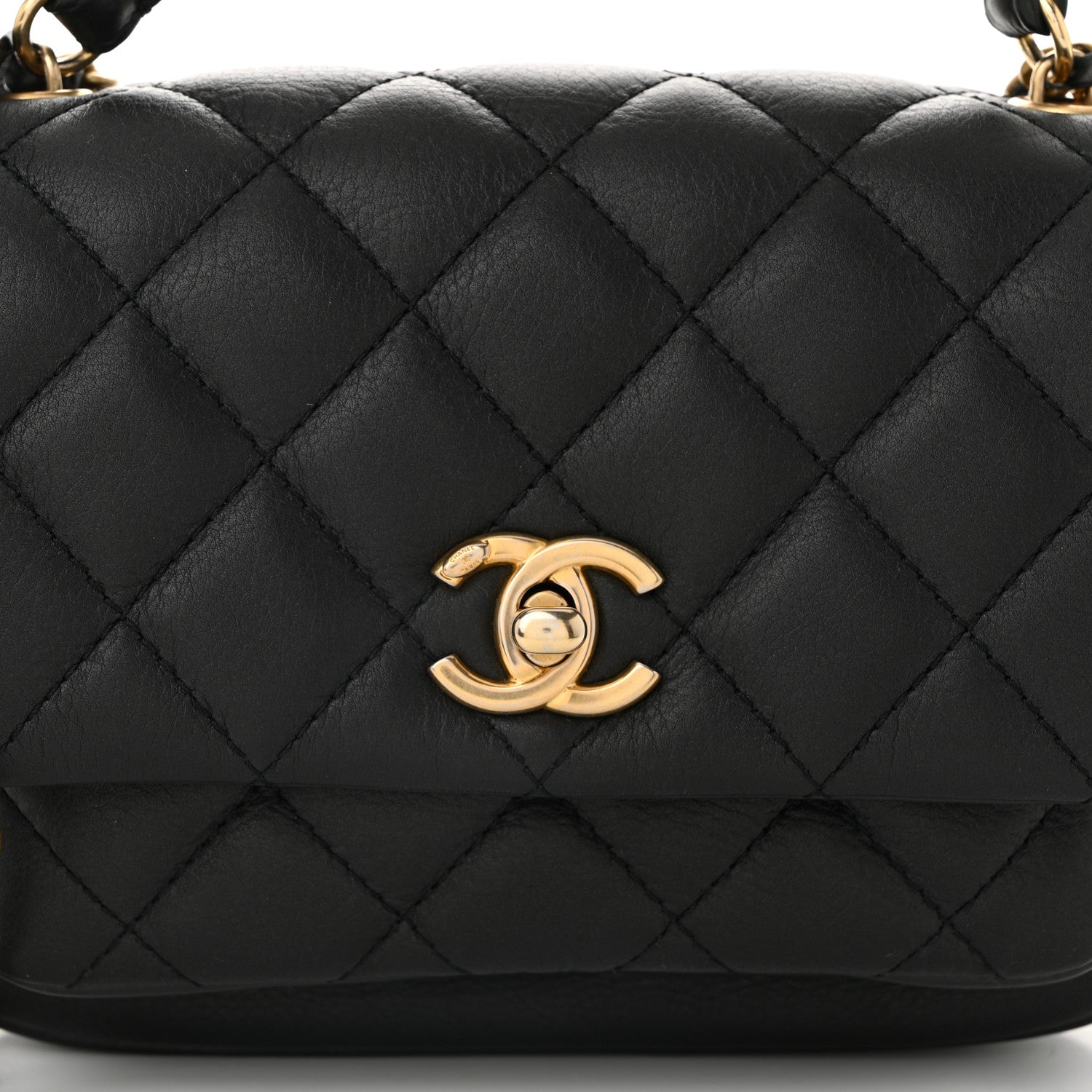 Calfskin Quilted Top Handle Flap Black
