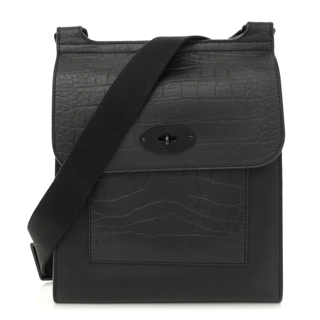 Calfskin Crocodile Embossed Effect Antony Messenger Crossbody Black