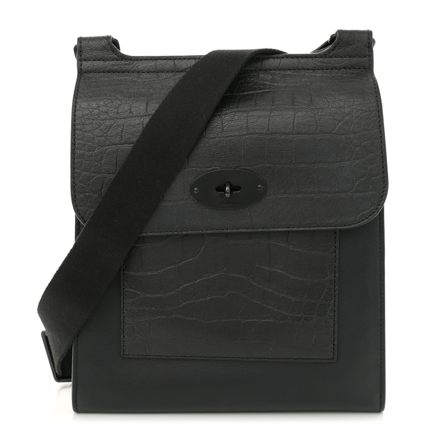 Calfskin Crocodile Embossed Effect Antony Messenger Crossbody Black