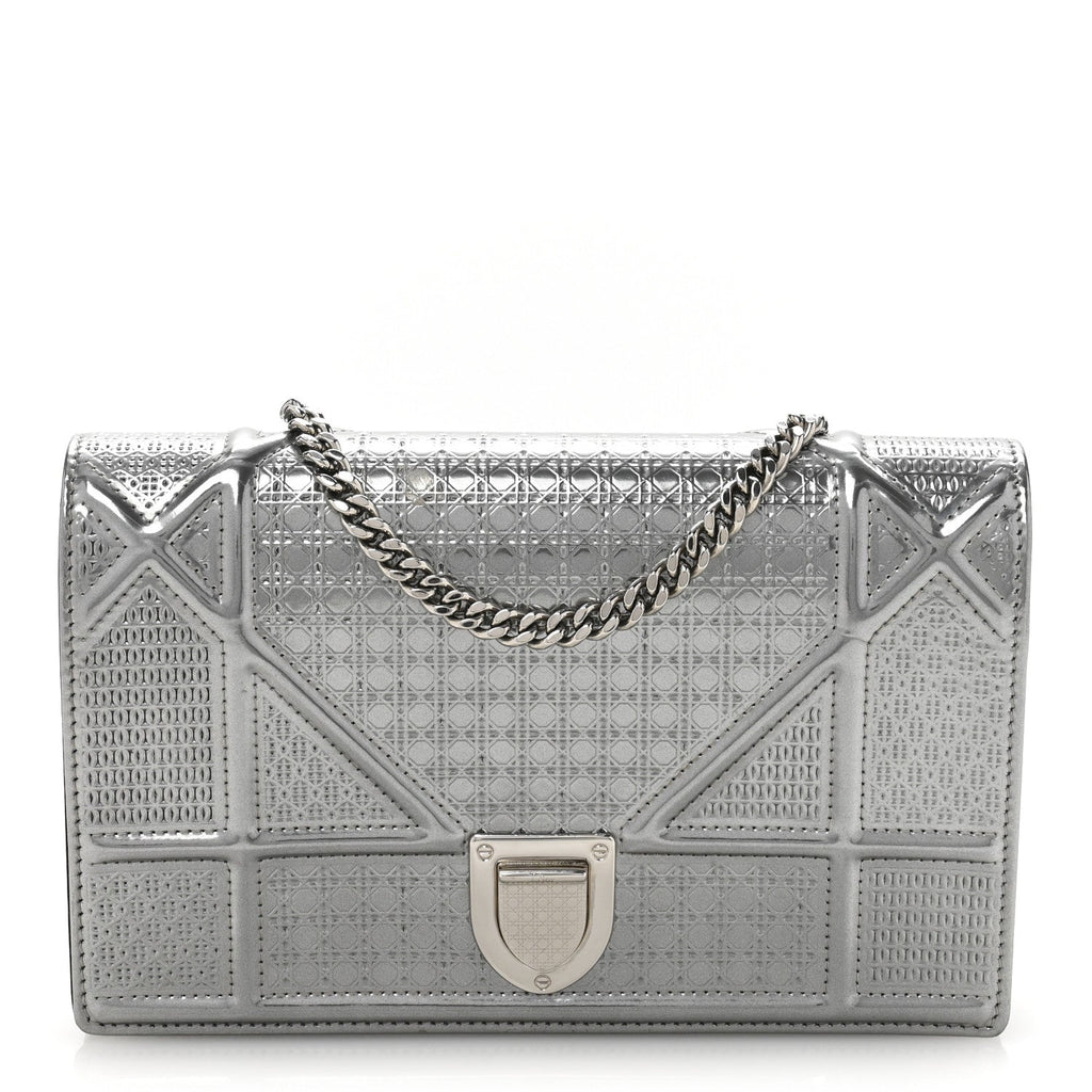 Metallic Patent Micro-Cannage Diorama Wallet on Chain Pouch Silver