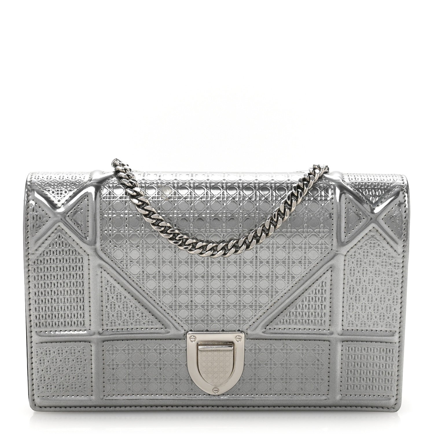 Metallic Patent Micro-Cannage Diorama Wallet on Chain Pouch Silver