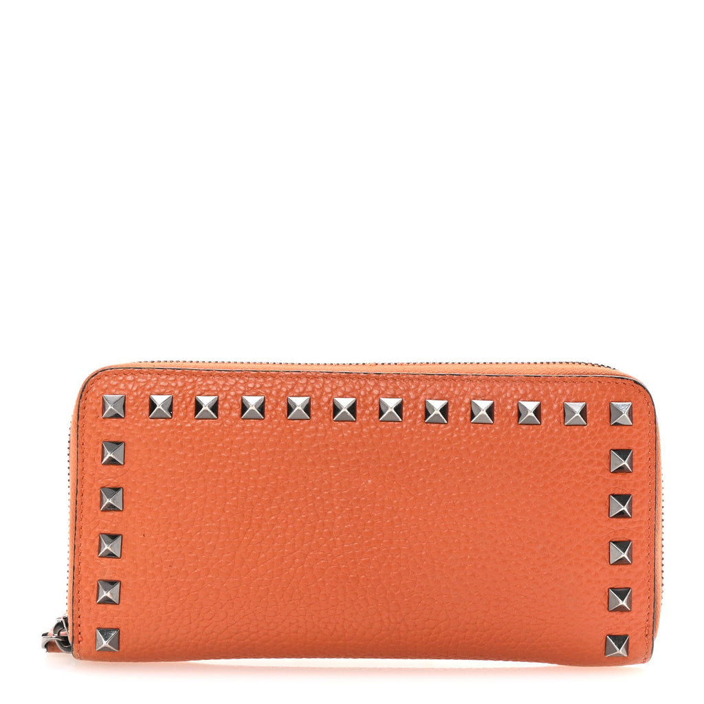 Grained Calfskin Rockstud Zip Around Wallet Orange