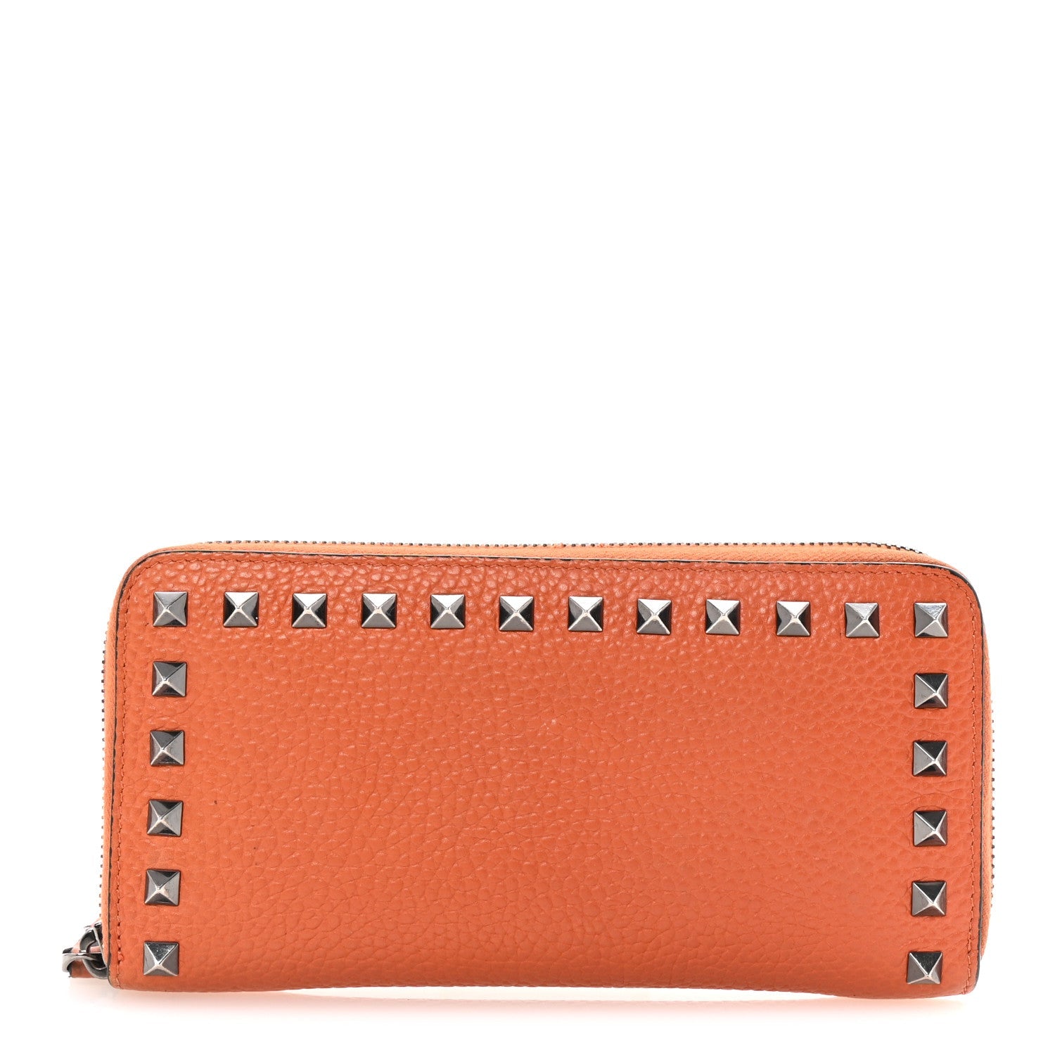 Grained Calfskin Rockstud Zip Around Wallet Orange