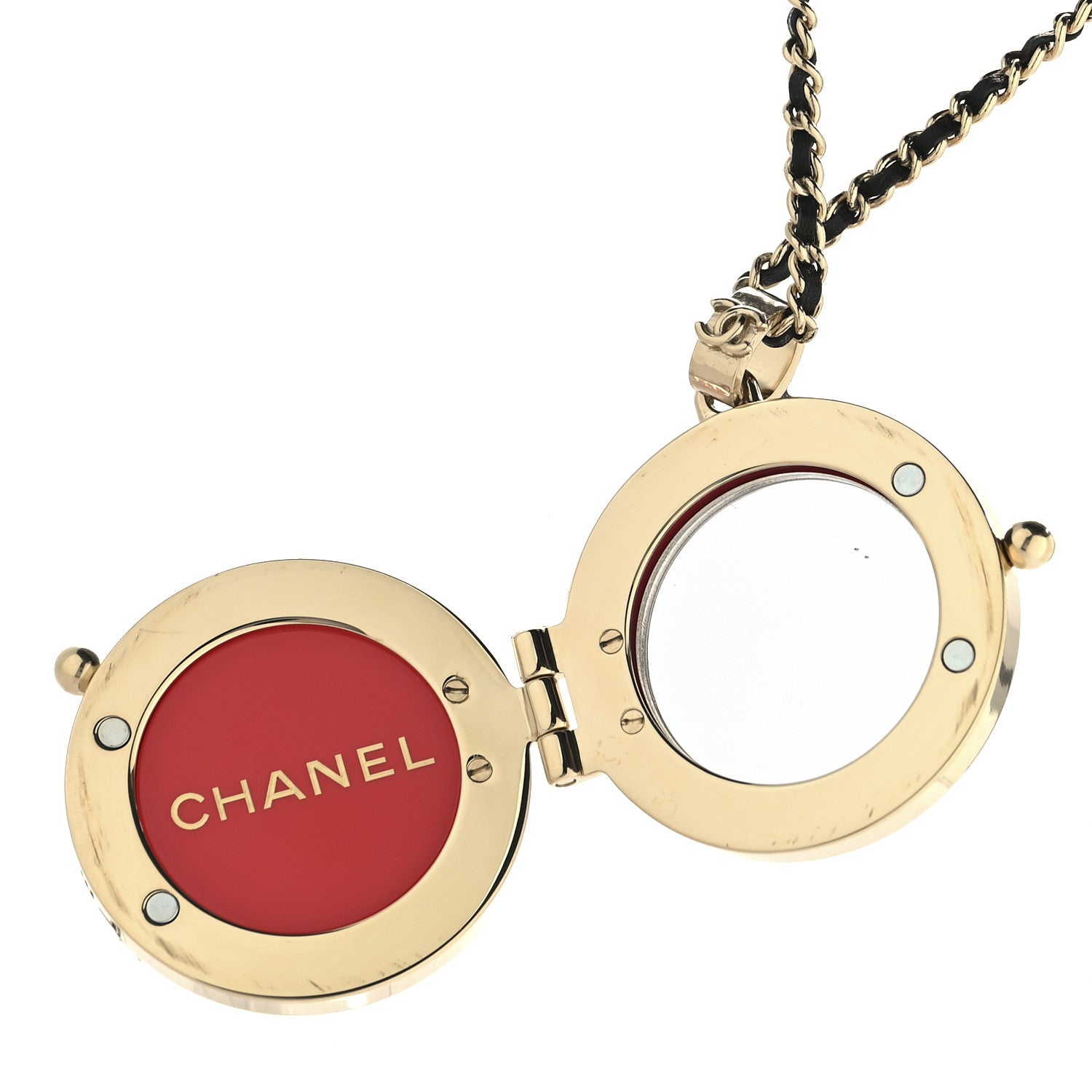 Metal Lambskin CC Crystal Locket Necklace Red