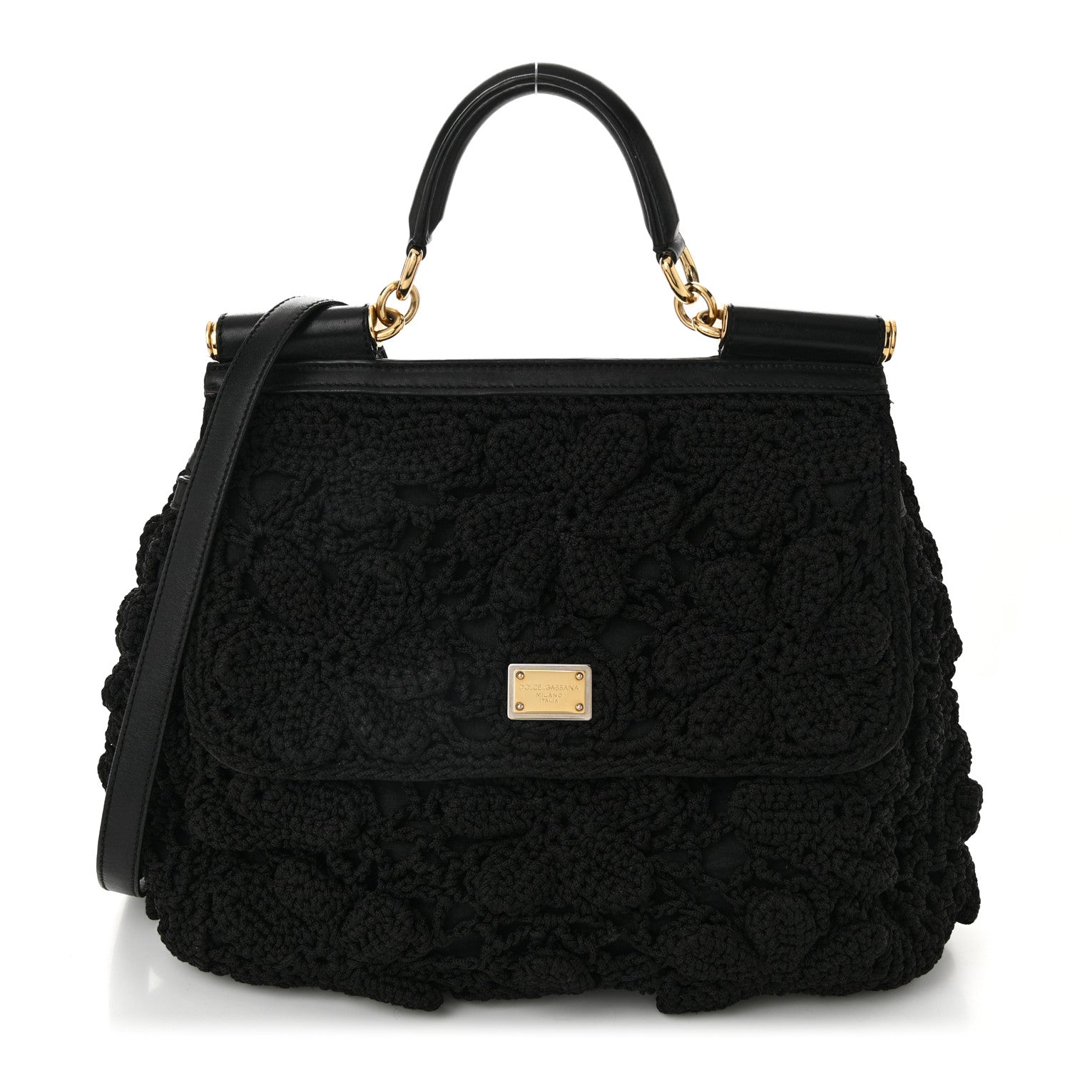 Calfskin Floral Knit Large Miss Sicily Satchel Black