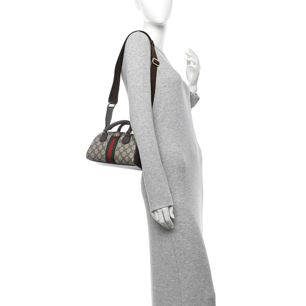 GG Supreme Monogram Textured Dollar Calfskin Web Mini Ophidia Top Handle Bowler Bag Beige Ebony New Acero