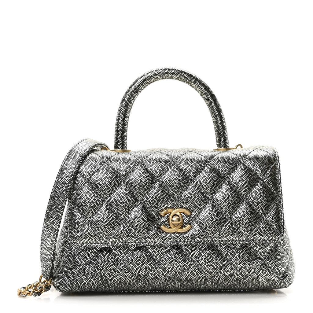 Metallic Caviar Quilted Mini Coco Handle Flap Silver