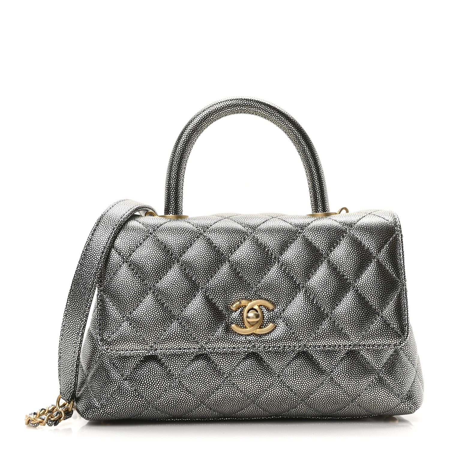Metallic Caviar Quilted Mini Coco Handle Flap Silver