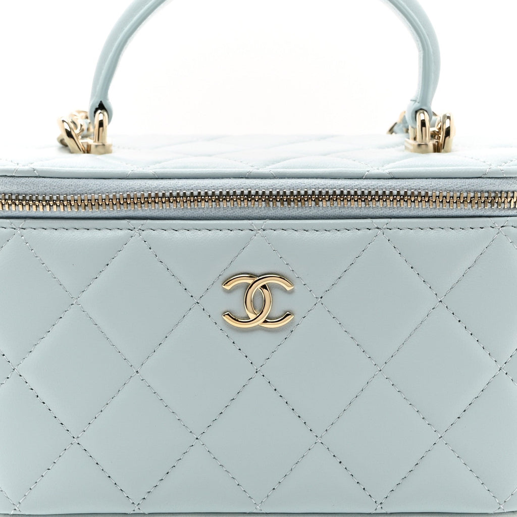 Lambskin Quilted Small Top Handle Vanity Case With Chain Light Blue