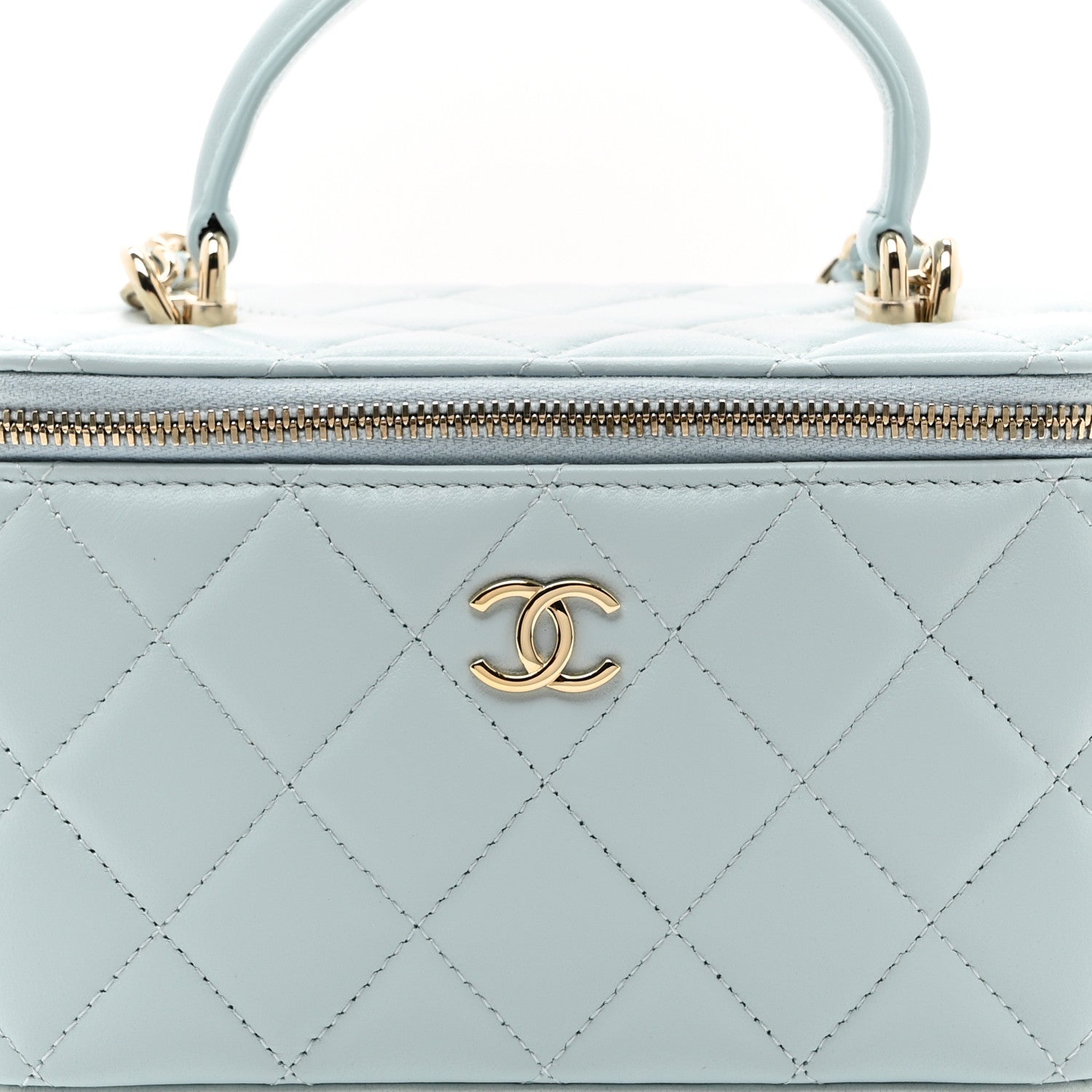 Lambskin Quilted Small Top Handle Vanity Case With Chain Light Blue