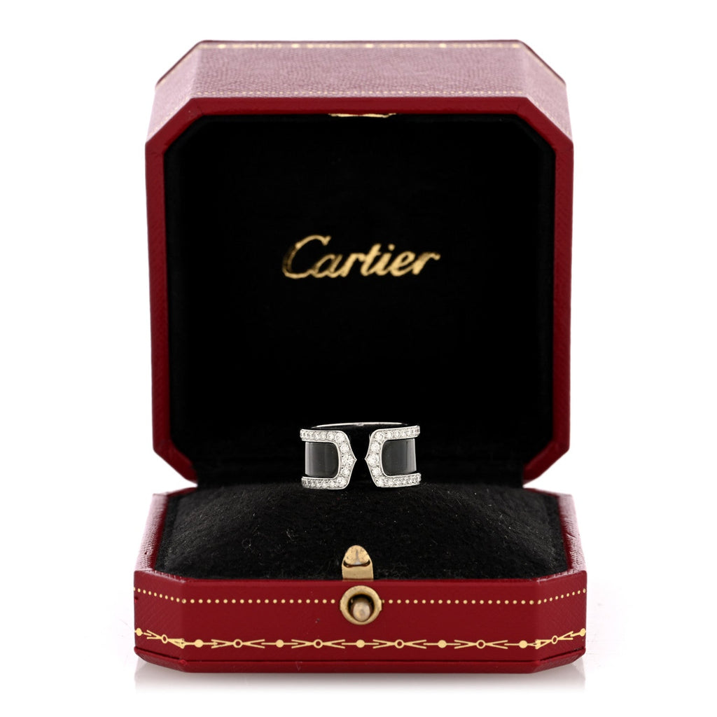 18K White Gold Enamel Diamond 10mm Logo De Cartier Ring 51 5.75 Black