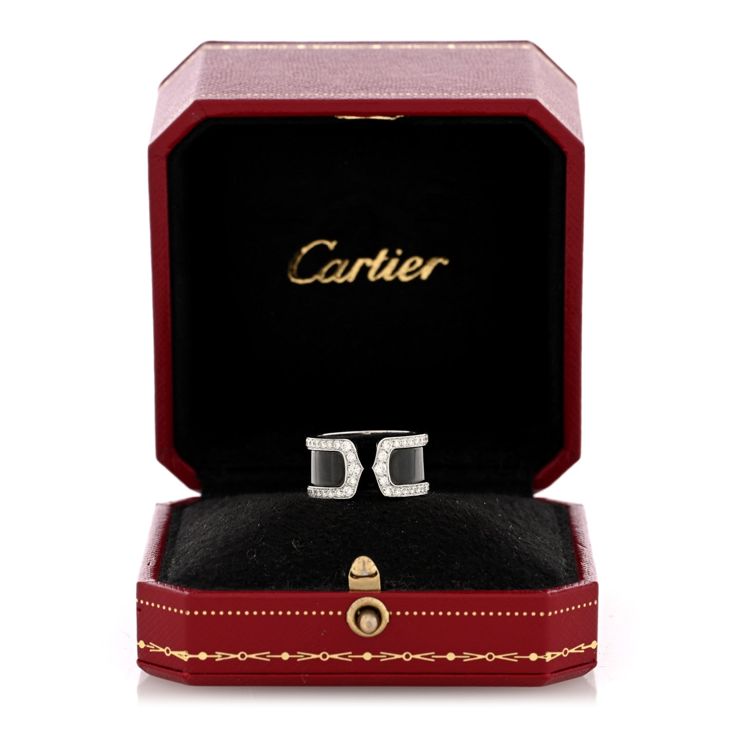18K White Gold Enamel Diamond 10mm Logo De Cartier Ring 51 5.75 Black
