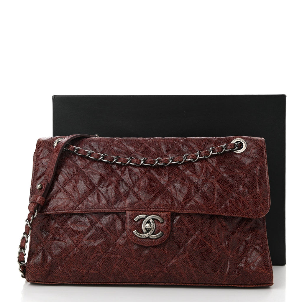 Crumpled Grained Calfskin Jumbo CC Crave Flap Burgundy