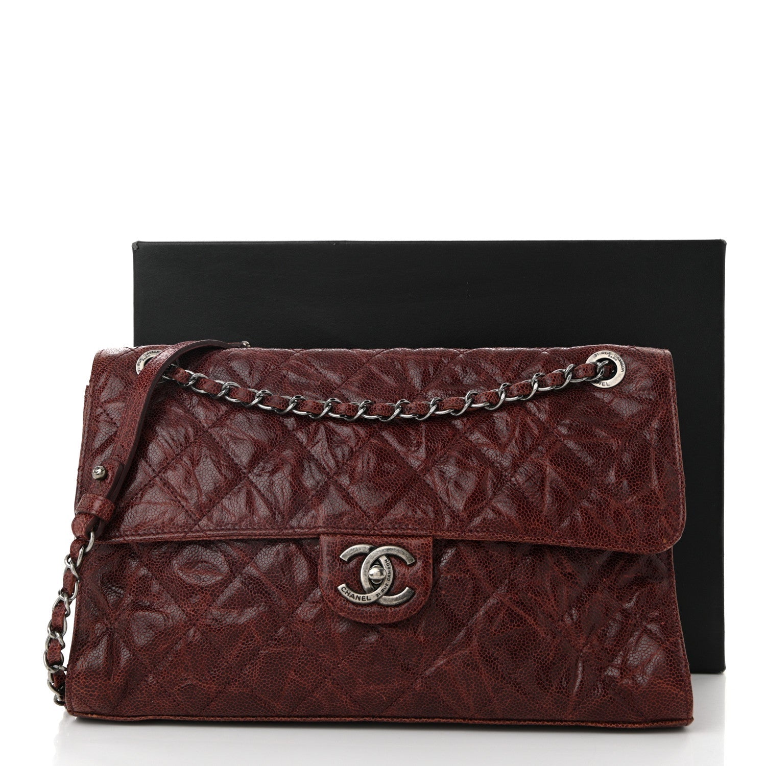 Crumpled Grained Calfskin Jumbo CC Crave Flap Burgundy