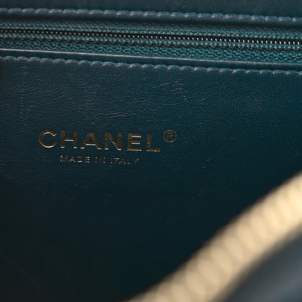 Calfskin Chevron Quilted Medal Flap Blue