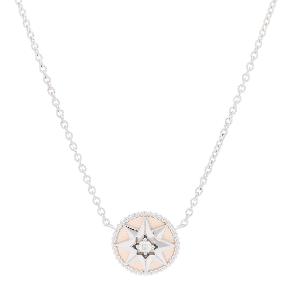 18K White Gold Diamond Mother of Pearl Rose Des Vents Necklace