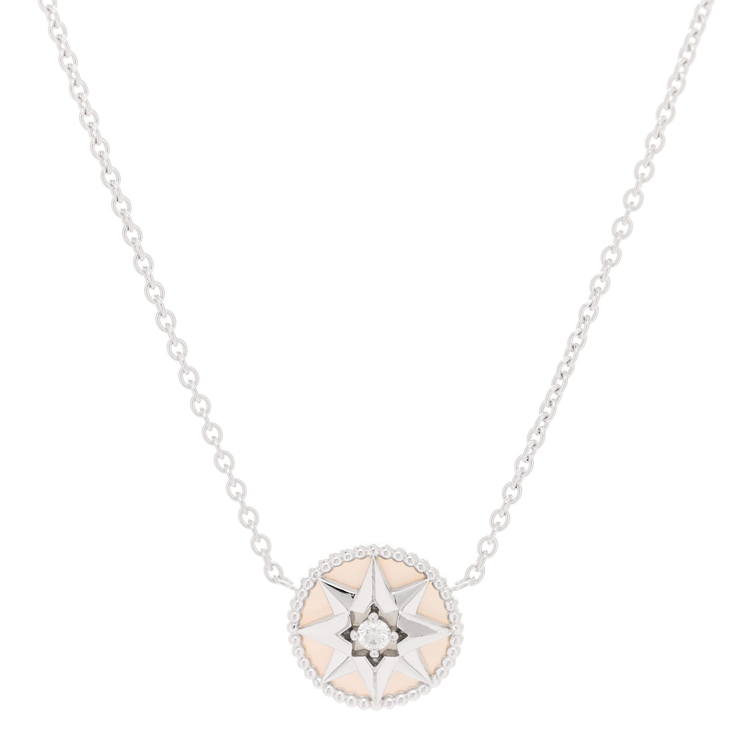 18K White Gold Diamond Mother of Pearl Rose Des Vents Necklace