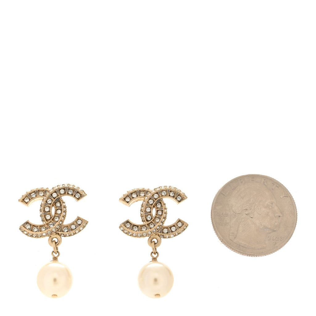 Crystal Pearl CC Drop Earrings Gold