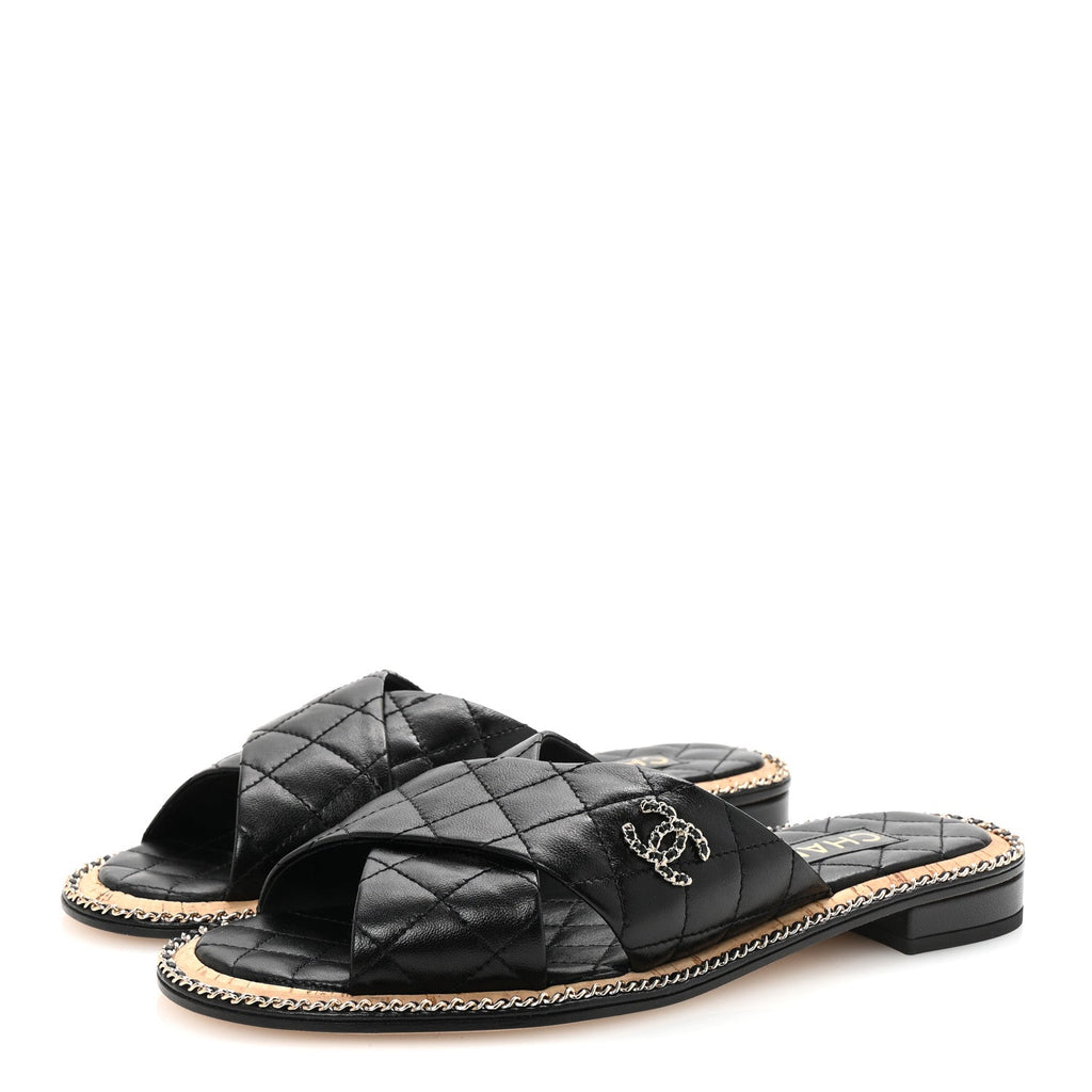 Lambskin Quilted Chain CC Sandals 40 Black