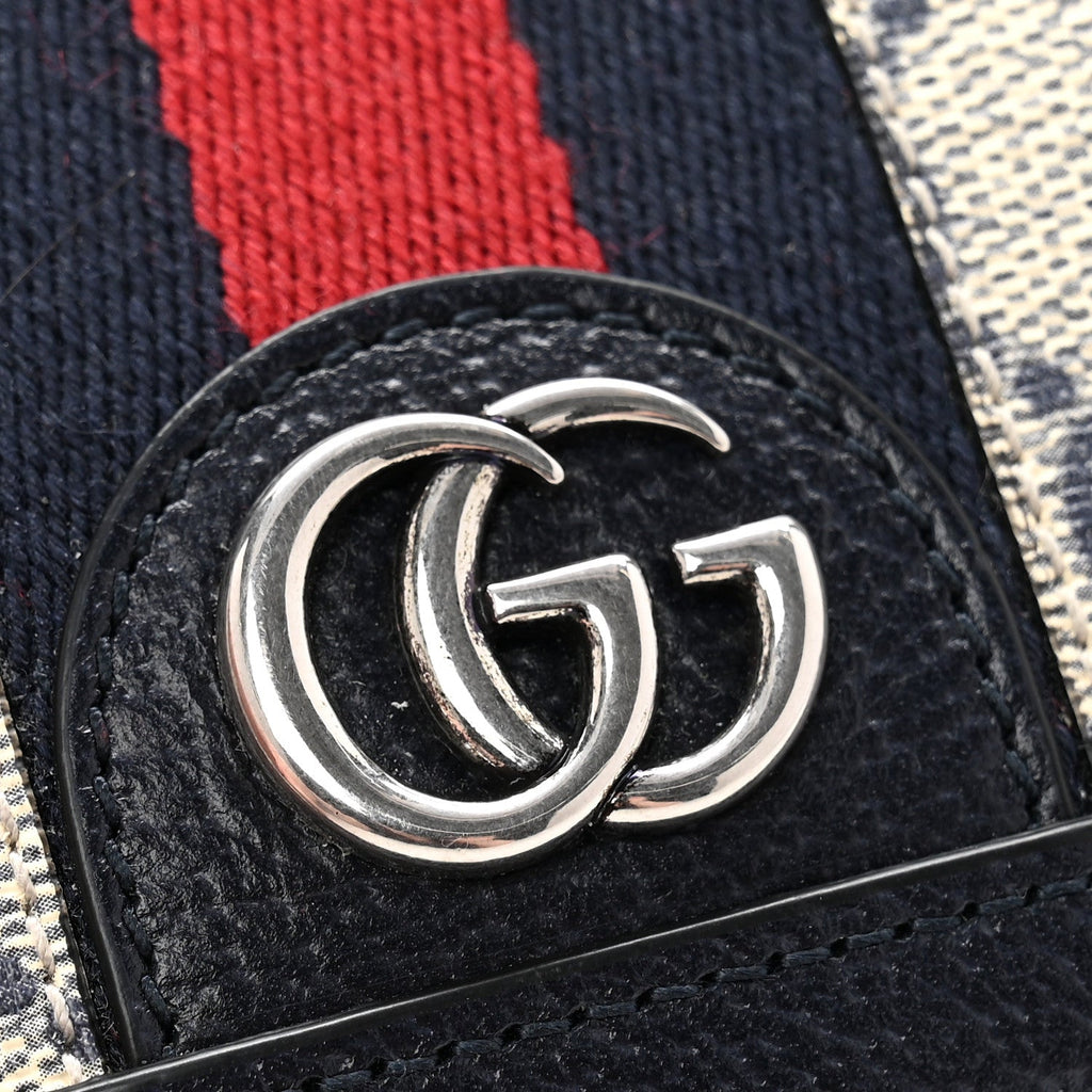 GG Supreme Monogram Textured Dollar Calfskin Web Ophidia Card Case Beige Blue