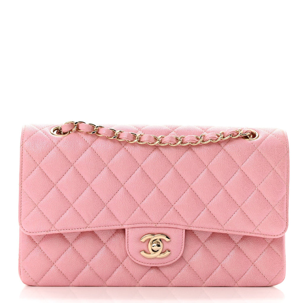 Iridescent Caviar Quilted Medium Double Flap Rose Pink