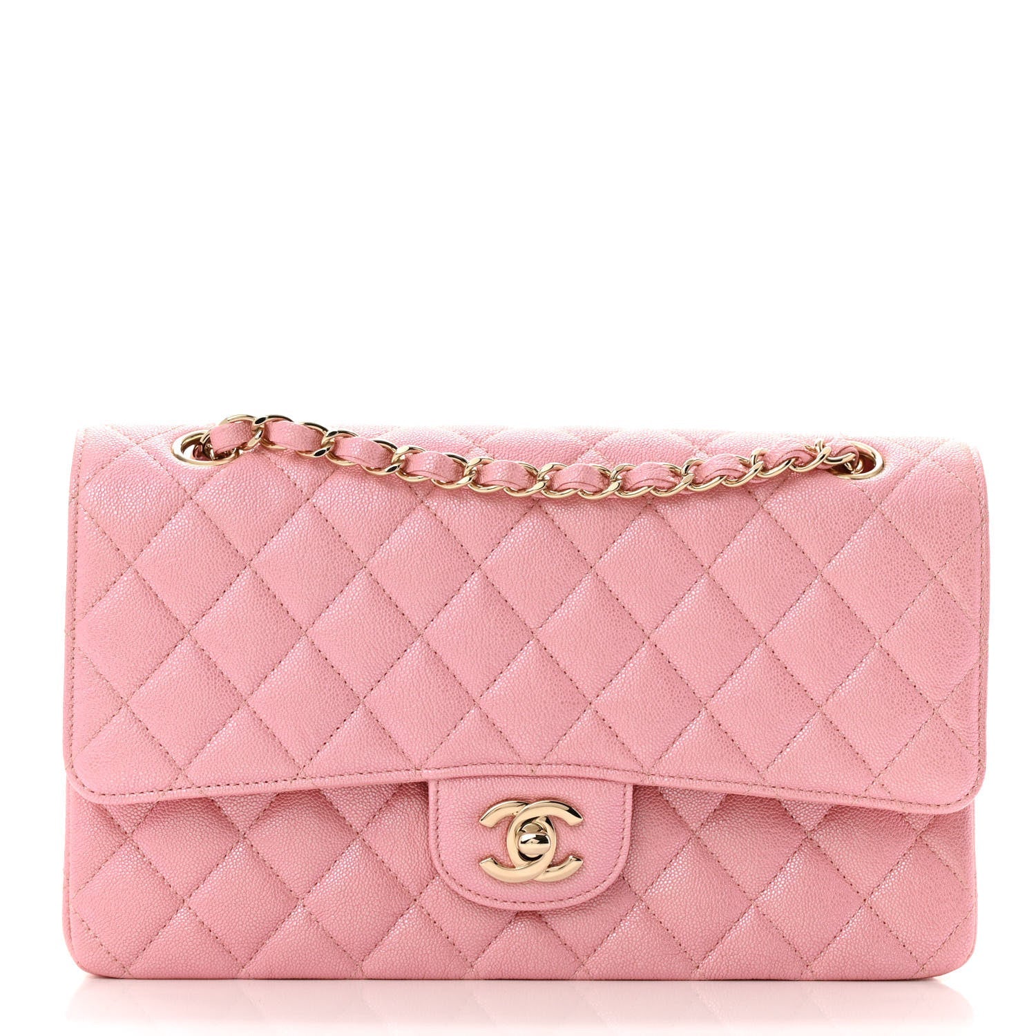 Iridescent Caviar Quilted Medium Double Flap Rose Pink