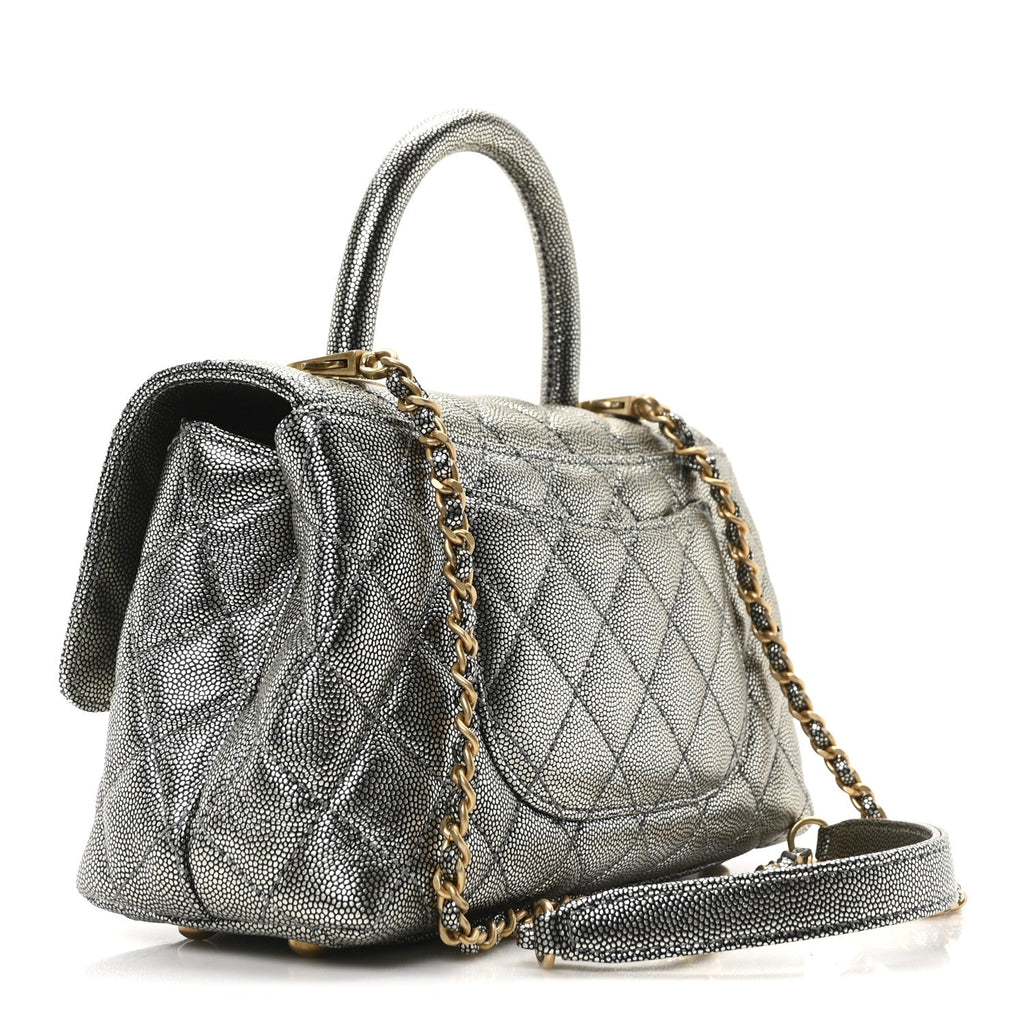 Metallic Caviar Quilted Mini Coco Handle Flap Silver