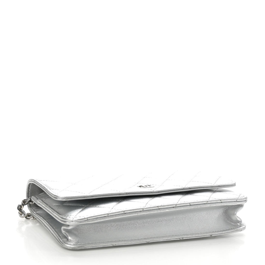 Metallic Lambskin Quilted Wallet On Chain WOC Silver