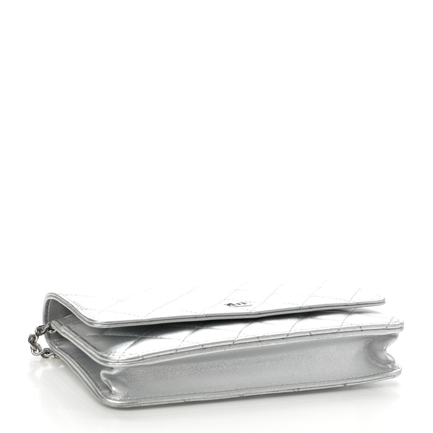 Metallic Lambskin Quilted Wallet On Chain WOC Silver