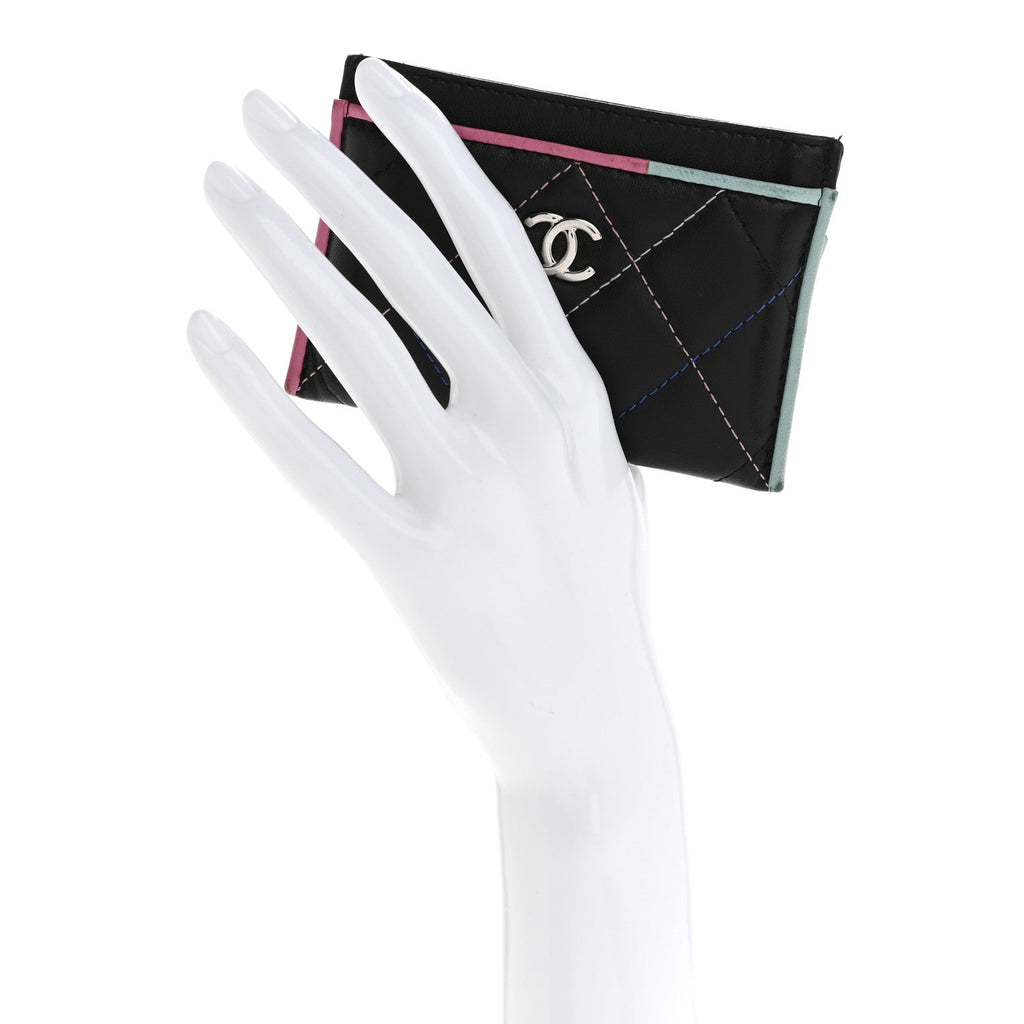 Lambskin Quilted Chanel Card Holder Black Pink Light Blue
