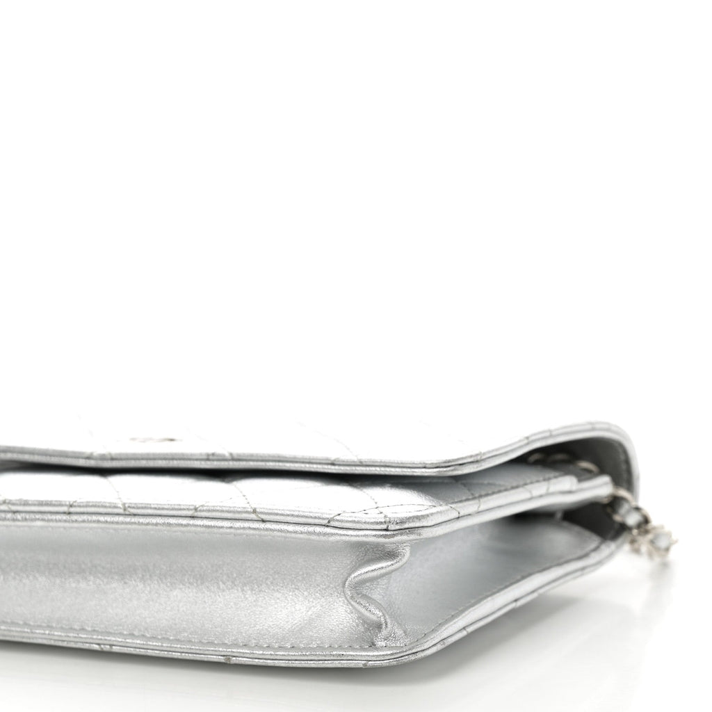 Metallic Lambskin Quilted Wallet On Chain WOC Silver