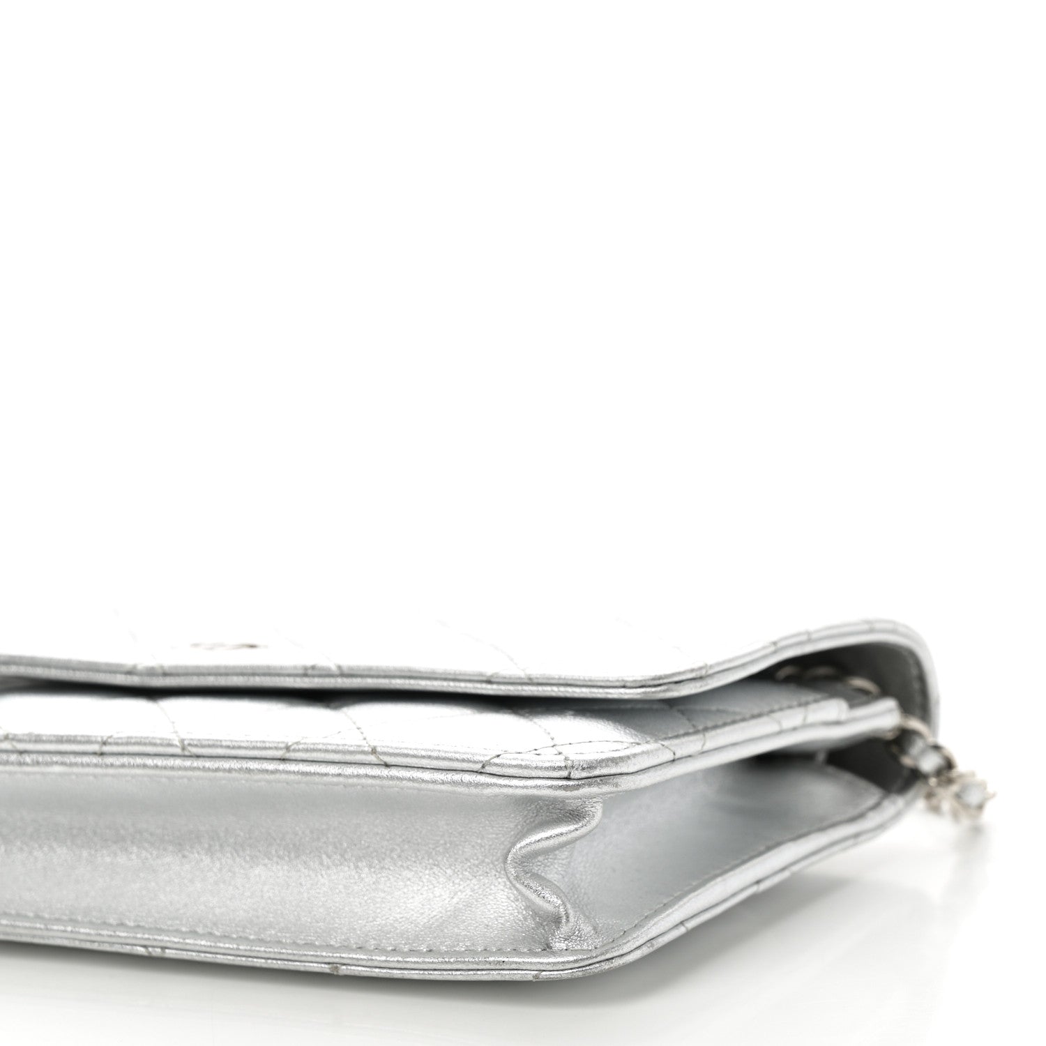 Metallic Lambskin Quilted Wallet On Chain WOC Silver