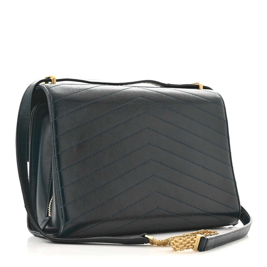 Calfskin Chevron Quilted Medal Flap Blue