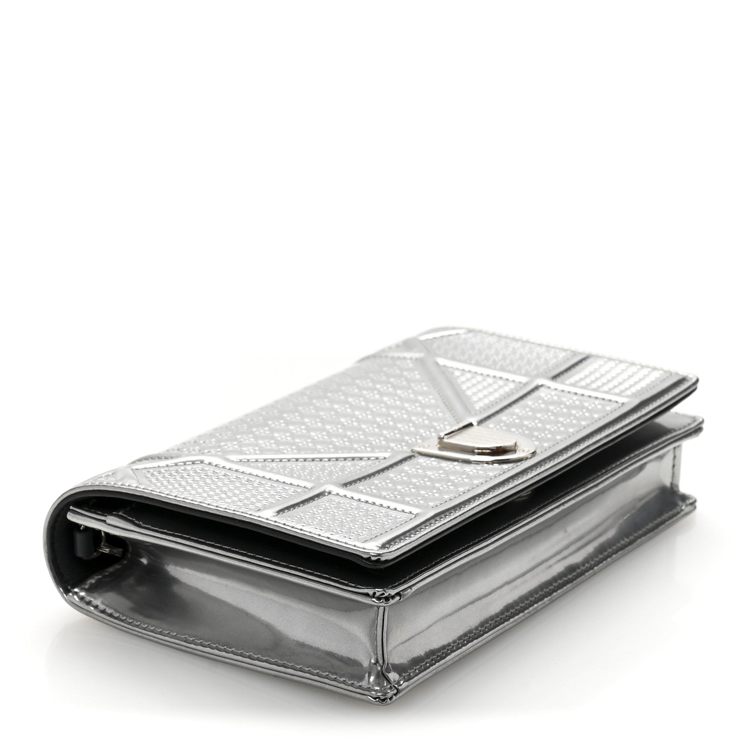 Metallic Patent Micro-Cannage Diorama Wallet on Chain Pouch Silver