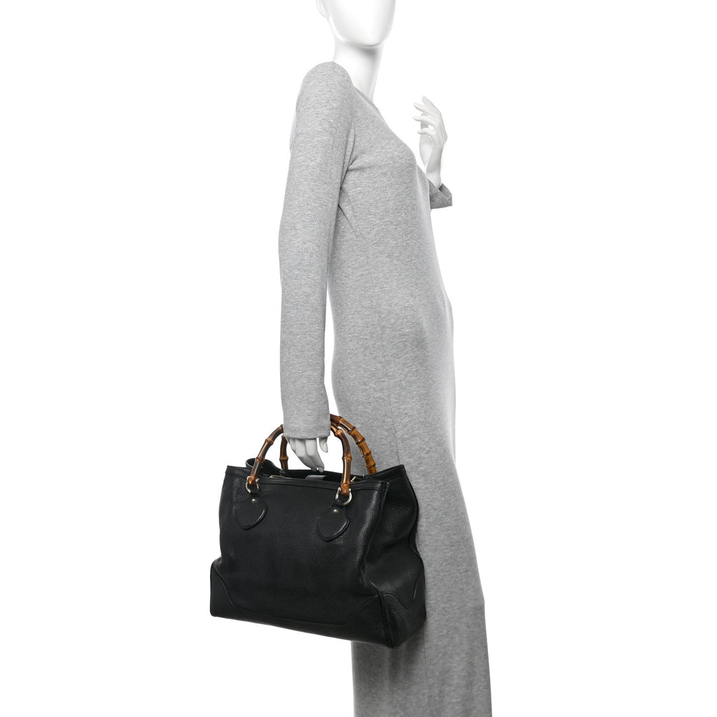 Grained Calfskin Medium Diana Bamboo Top Handle Tote Black