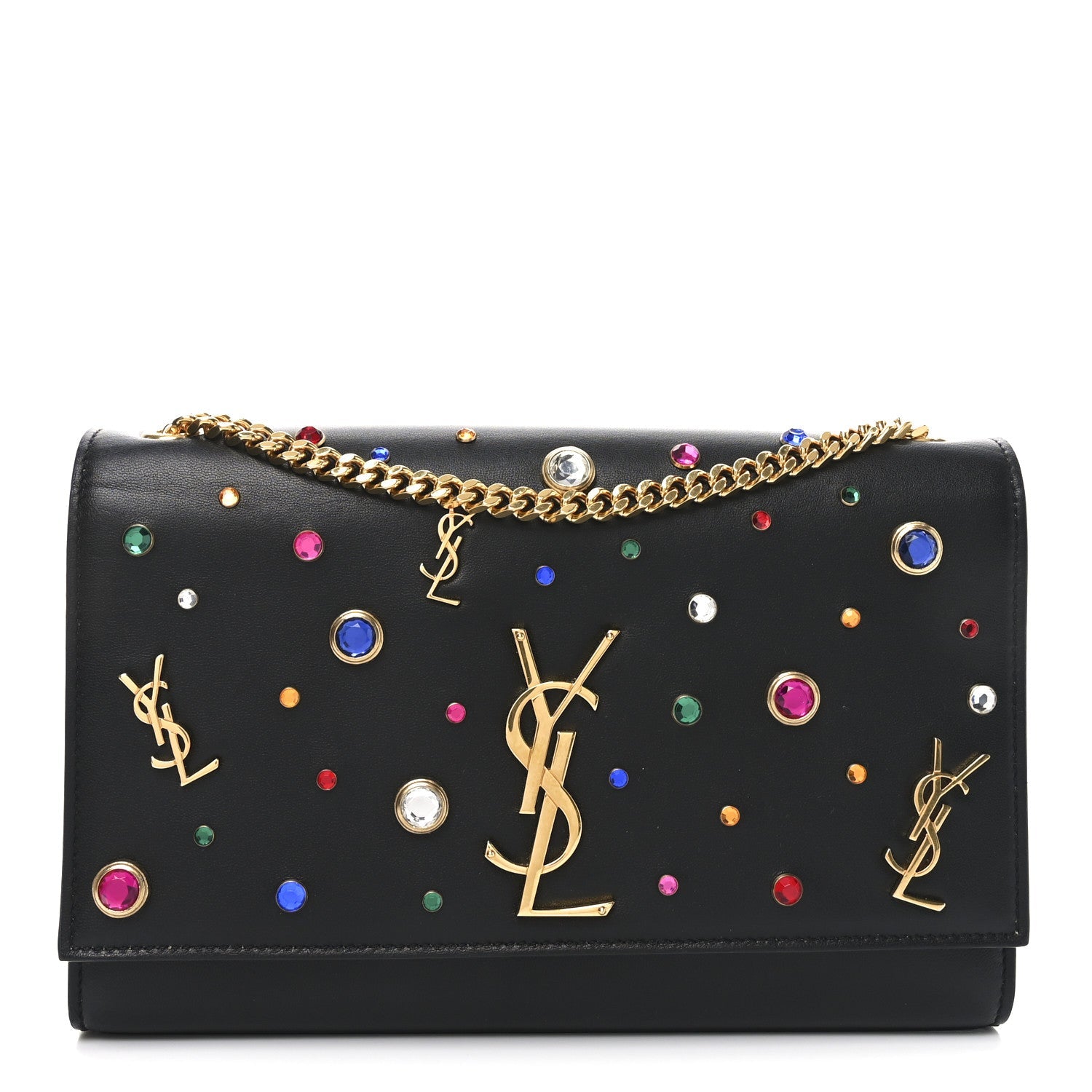 Calfskin Crystal Medium Monogram Kate Satchel Black