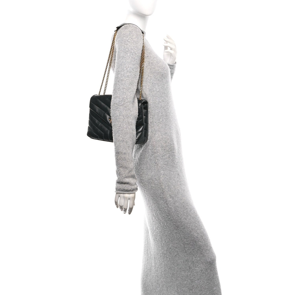 Calfskin Y Quilted Monogram Small Loulou Chain Satchel Black