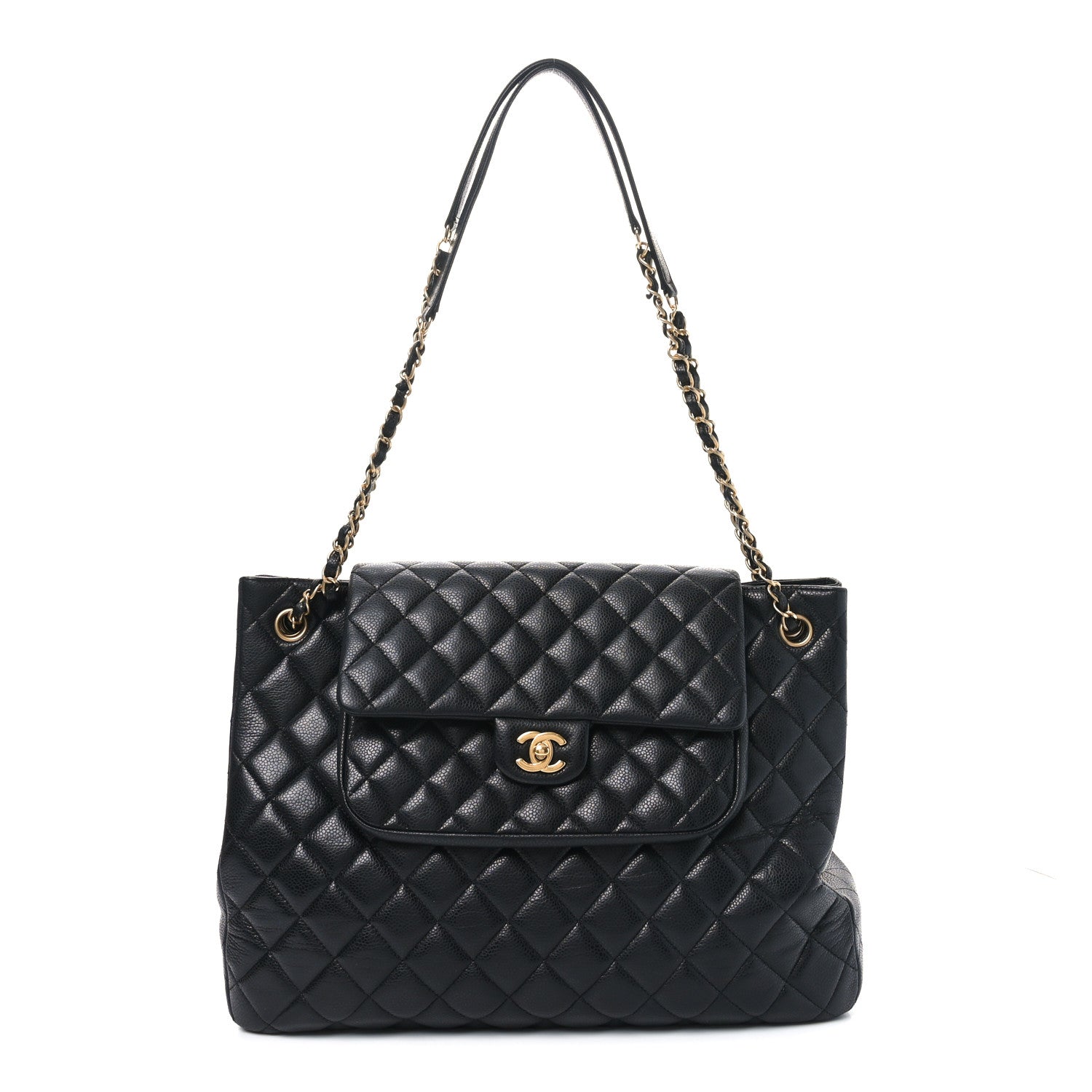 Caviar Quilted Flap Tote Black
