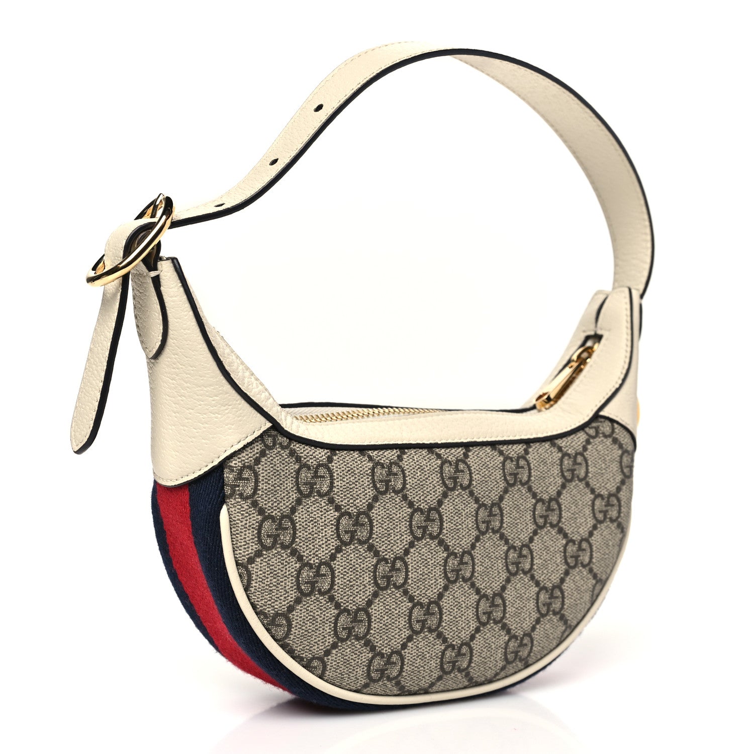 GG Supreme Monogram Textured Dollar Calfskin Web Mini Ophidia Half Moon Hobo Beige Ebony Mystic White