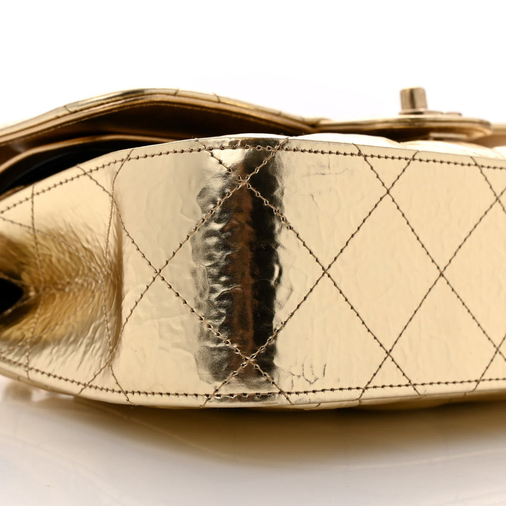 Hammered Metallic Calfskin Quilted Small Double Flap Gold
