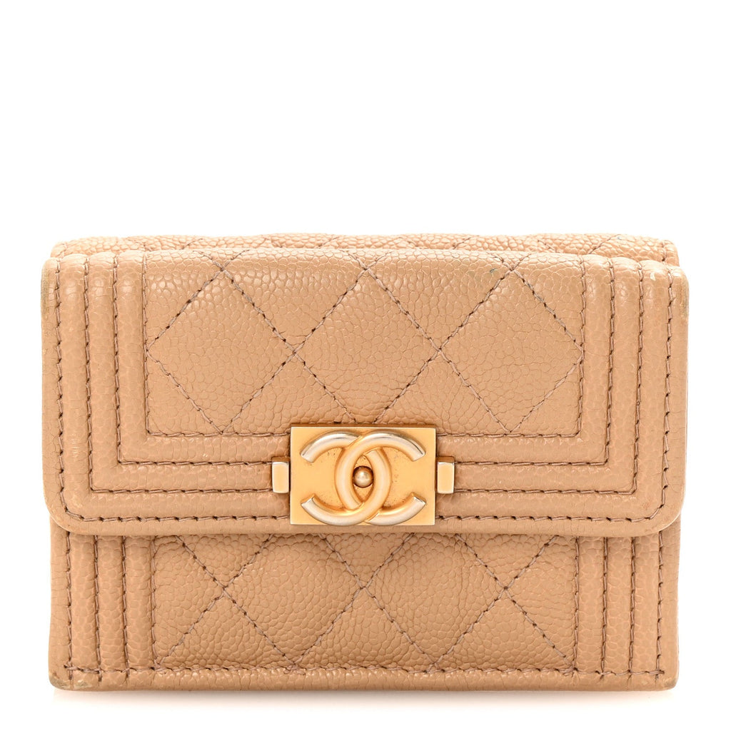 Caviar Quilted Small Boy Flap Wallet Beige