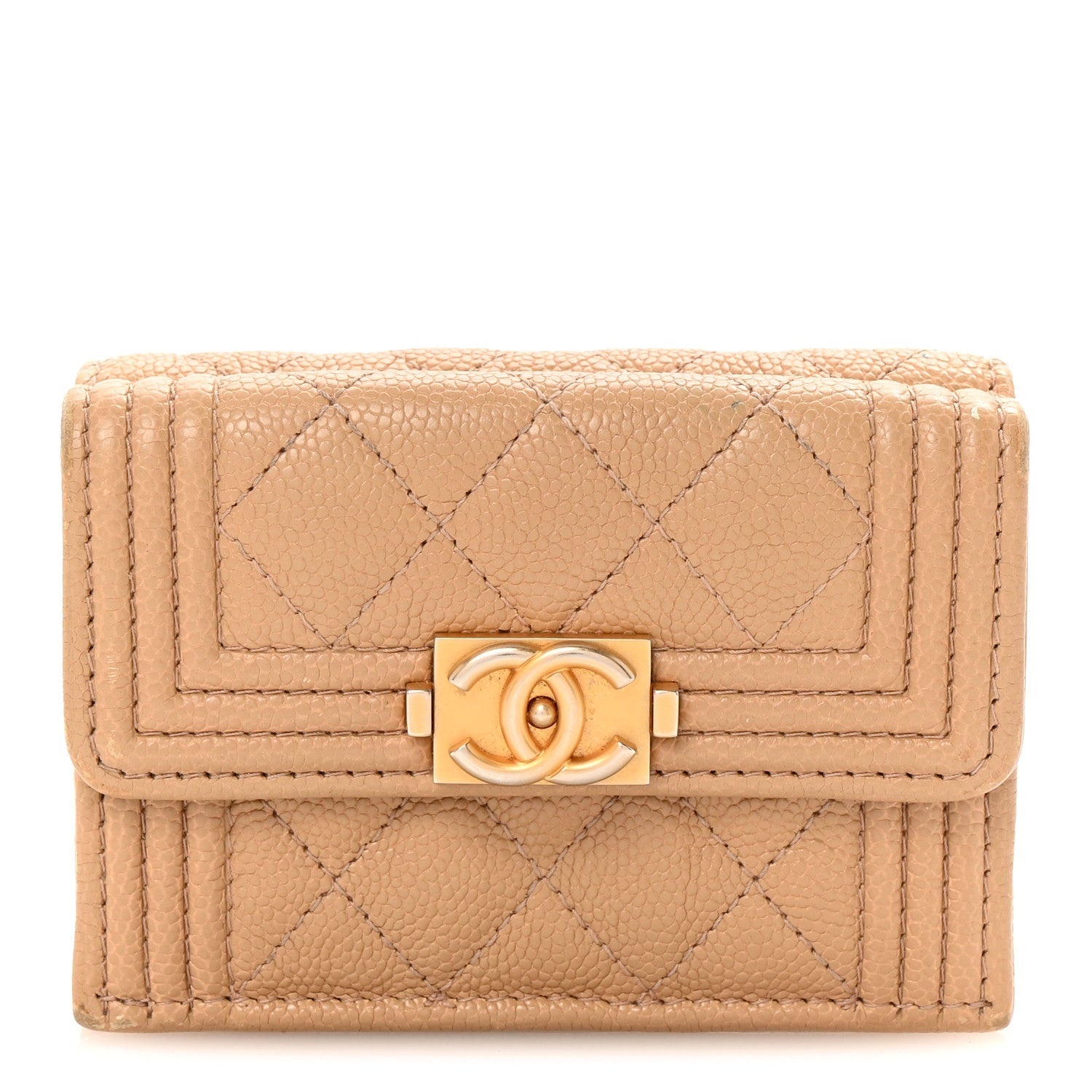 Caviar Quilted Small Boy Flap Wallet Beige