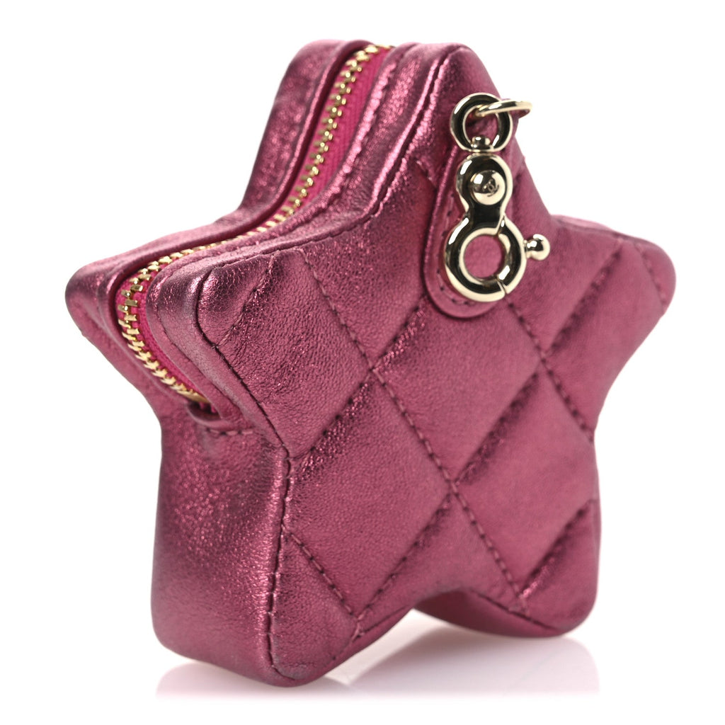 Metallic Lambskin Walk Of Fame Star Clip On Coin Purse Pink