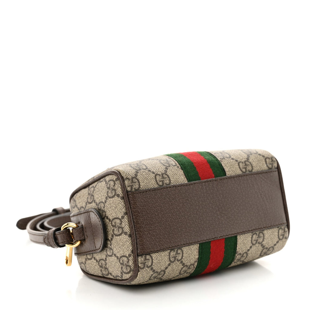 GG Supreme Monogram Textured Dollar Calfskin Web Super Mini Ophidia Top Handle Bowler Bag Beige Ebony New Acero