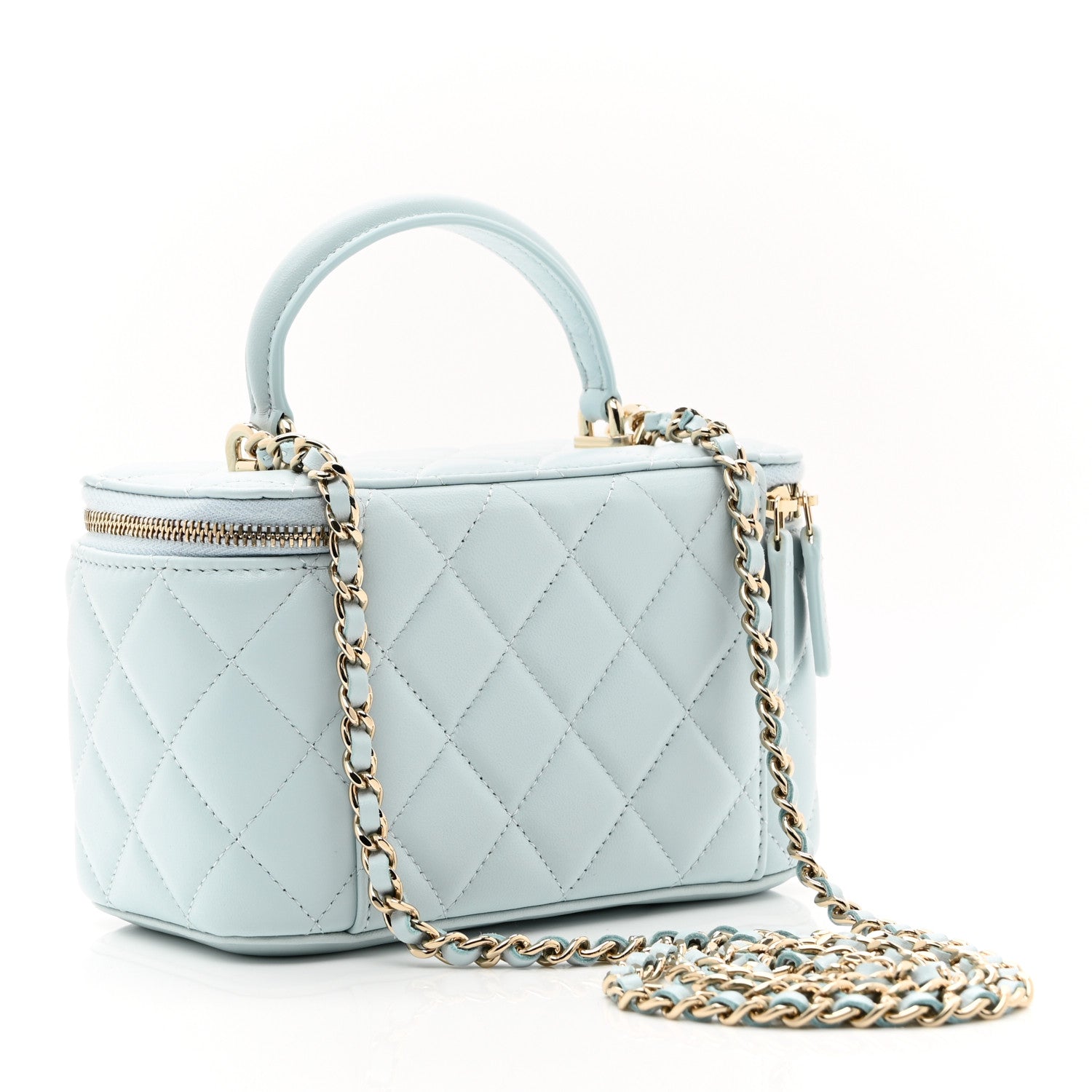 Lambskin Quilted Small Top Handle Vanity Case With Chain Light Blue