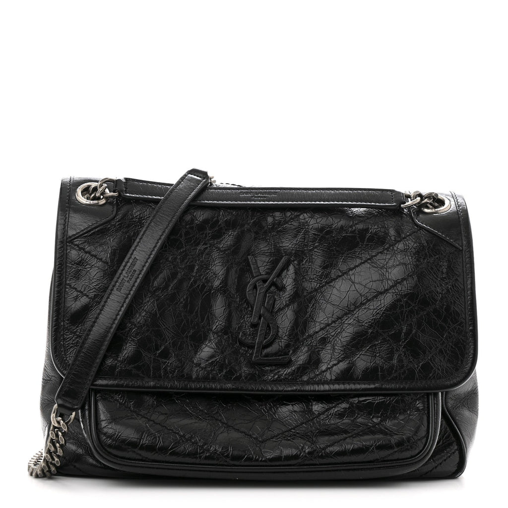 Crinkled Calfskin Matelasse Monogram Medium Niki Chain Satchel Black