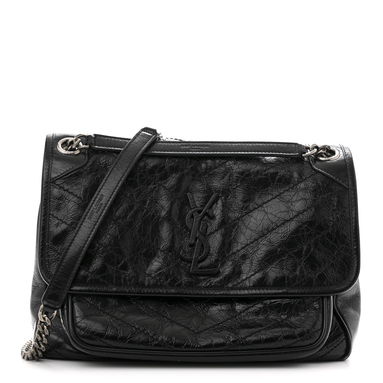 Crinkled Calfskin Matelasse Monogram Medium Niki Chain Satchel Black