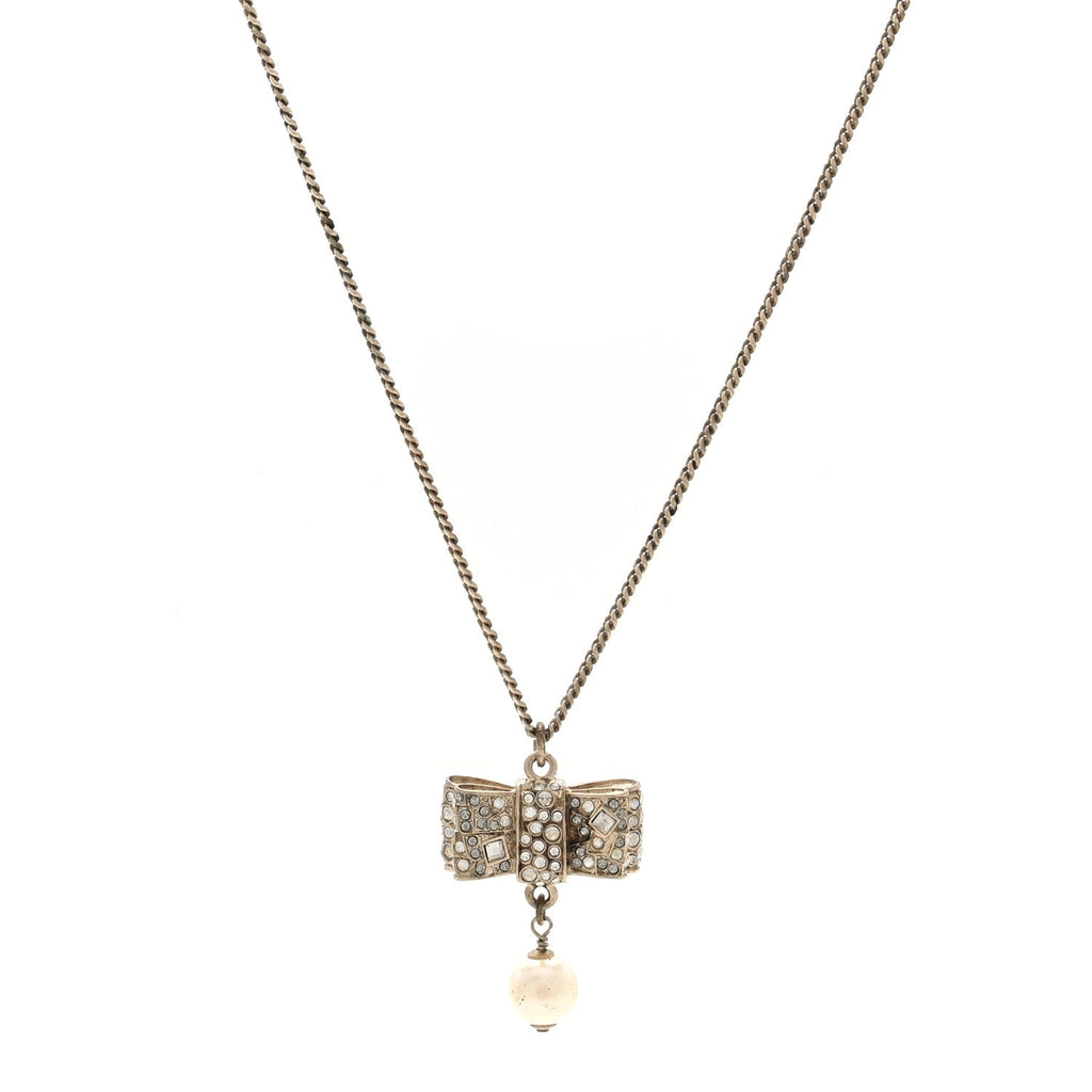 Metal Crystal Pearl CC Bow Necklace Gold