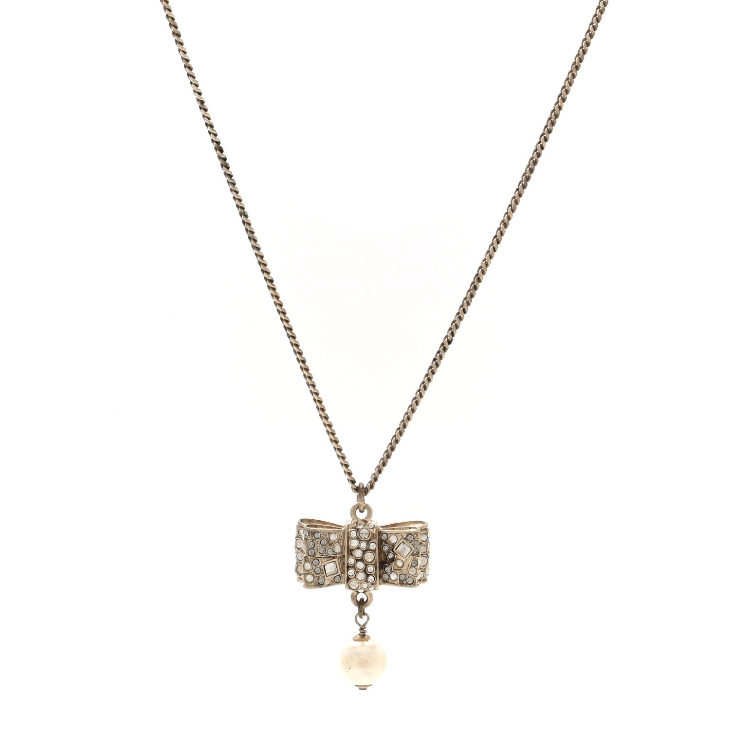 Metal Crystal Pearl CC Bow Necklace Gold